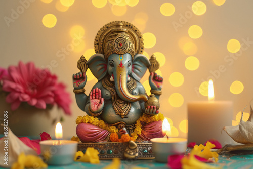 Colorful lord ganesha sclupture with lights and bokeh background © Neha