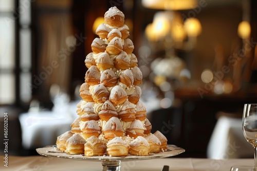Towering croquembouche covered in spun sugar stacked on a silver platter, A towering croquembouche covered in spun sugar and adorned with delicate crÃ¨me puffs photo