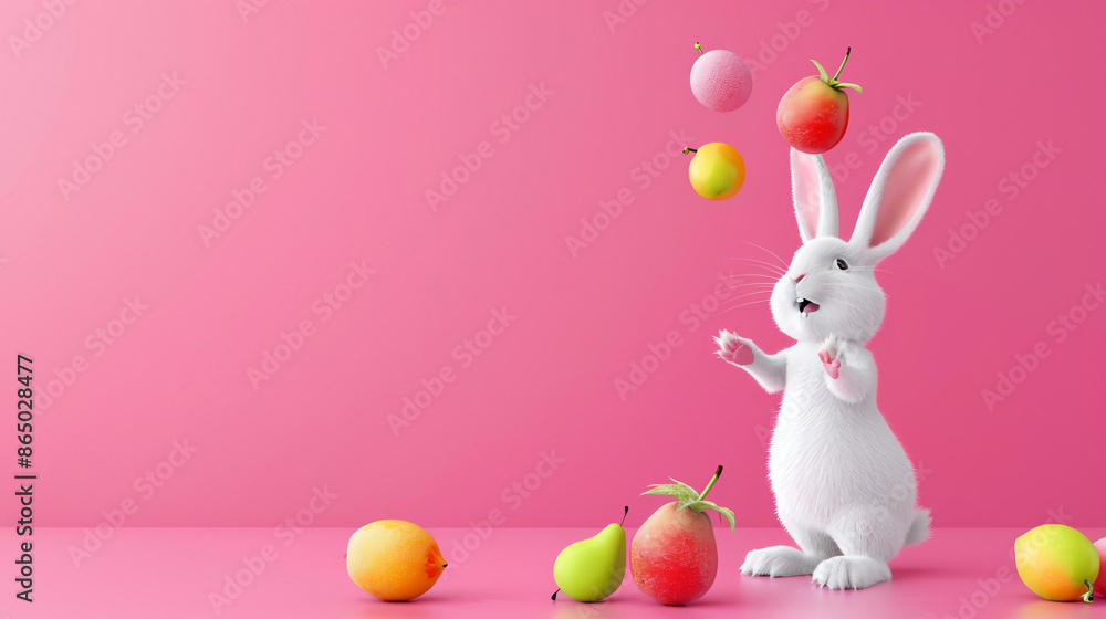 Cute white bunny juggling fruits in a bright pink background. The ...