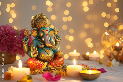 Colorful lord ganesha sclupture with lights and bokeh background