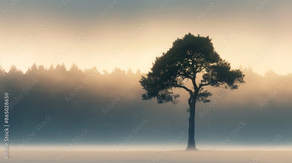 solitary tree standing against a foggy forest backdrop, with soft, diffused light filtering through the mist. solitary tree standing against a foggy forest backdrop, with soft, diffused light filtering through the mist.