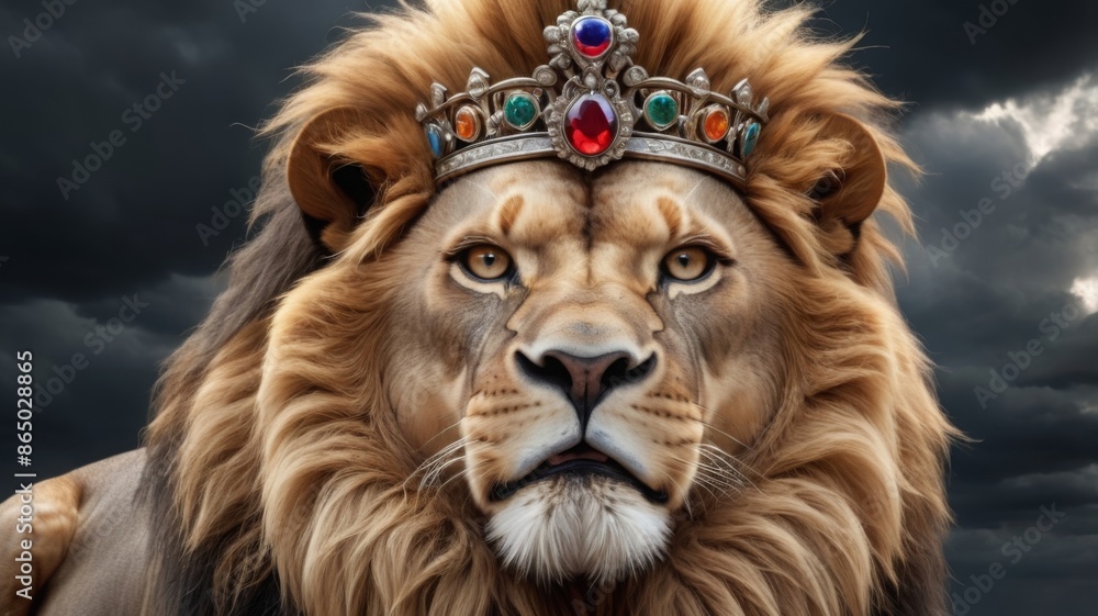 Naklejka premium A realistic depiction of an angry lion wearing a majestic crown.