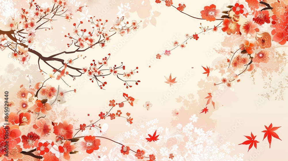 An intricate pattern of cherry blossoms and maple leaves in shades of red and white on a cream background. Generative AI An intricate pattern of cherry blossoms and maple leaves in shades of red and white on a cream background. Generative AI