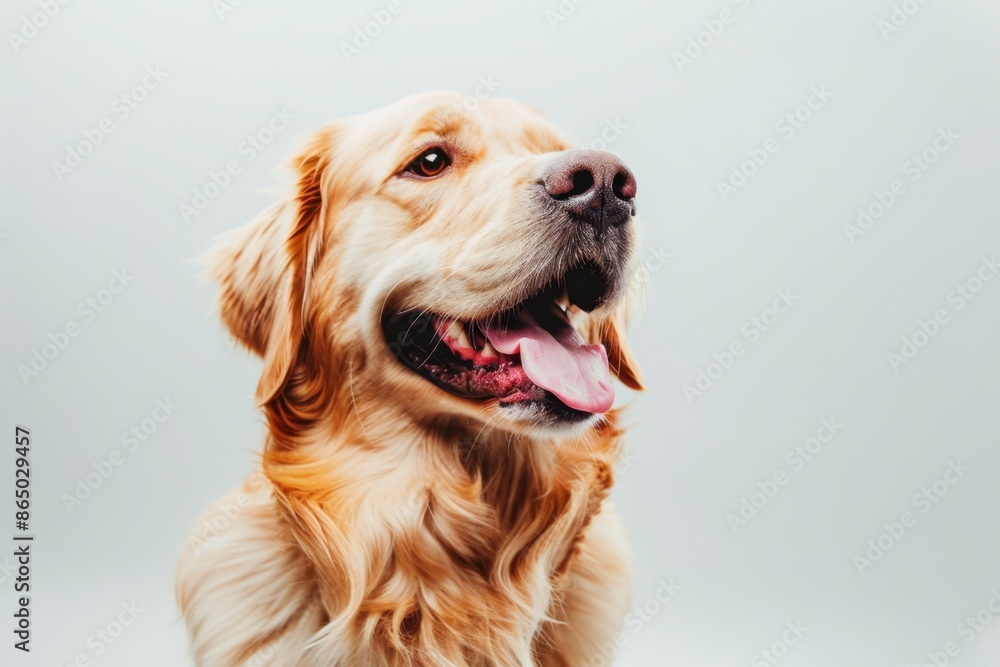 Showcase a happy dog in a tilted angle shot, against a pure background, emphasizing its joyful smile Showcase a happy dog in a tilted angle shot, against a pure background, emphasizing its joyful smile
