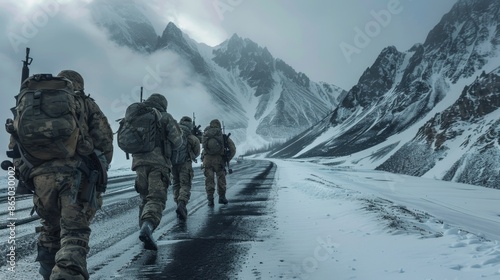 A group of soldiers are walking down a snowy road © Aliaksandr Siamko
