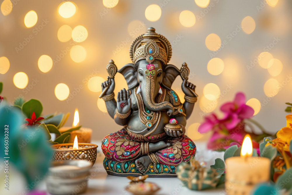 Fototapeta premium Colorful lord ganesha sclupture with lights and bokeh background