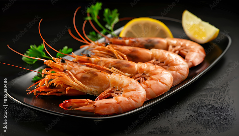 Roast Prawns Shrimps in a pan with herbs and garlic. Dark wooden background. Top view Roast Prawns Shrimps in a pan with herbs and garlic. Dark wooden background. Top view