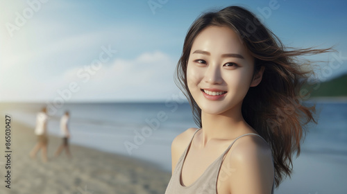Shy Asian Woman Smiling and Standing on the Beach 