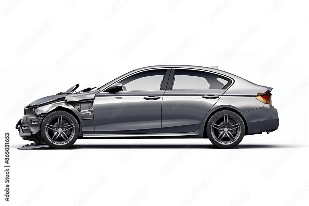 Damaged car isolated on white background. Crashed car after accident. Insurance, repair service for wrecked cars Damaged car isolated on white background. Crashed car after accident. Insurance, repair service for wrecked cars