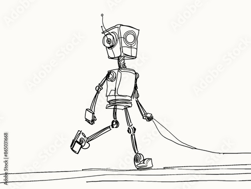 Single Line Robot: Minimalist Vector Illustration of a Robot Taking Its First Steps