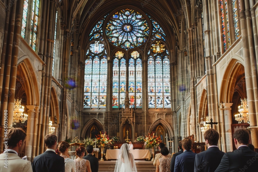 Obraz premium A bride and groom are walking down the aisle of a church during their traditional ceremony, A traditional ceremony in a grand cathedral with ornate stained glass windows