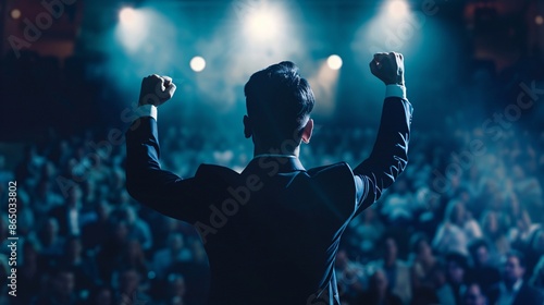 Clear photograph of a leader motivating their team with a powerful speech, embodying courage and goal achievement
