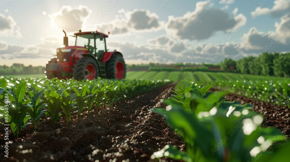 A red tractor working a field of green crops at sunset.