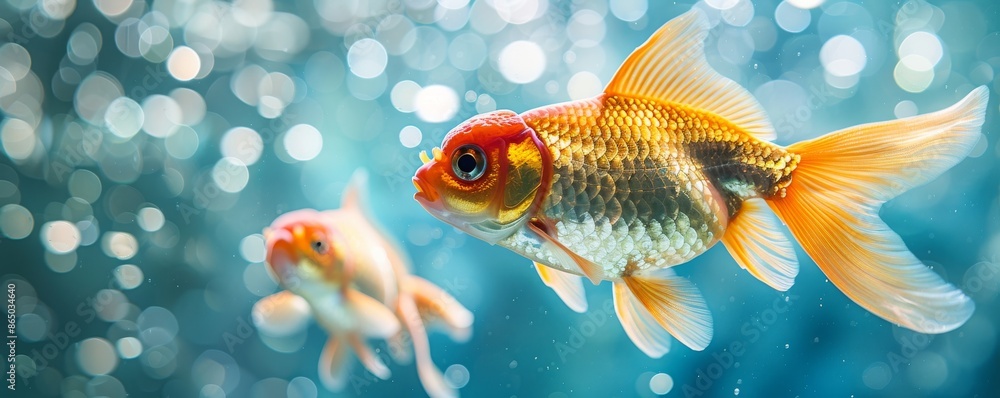 Two vibrant goldfish swimming gracefully in a sparkling aquatic environment Two vibrant goldfish swimming gracefully in a sparkling aquatic environment