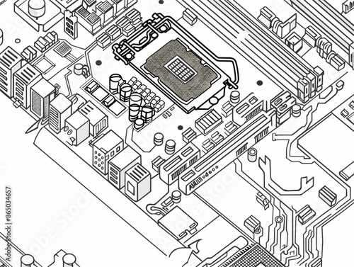 Minimalist Motherboard Outline: One-Line Drawing of a Motherboard's Internal Architecture