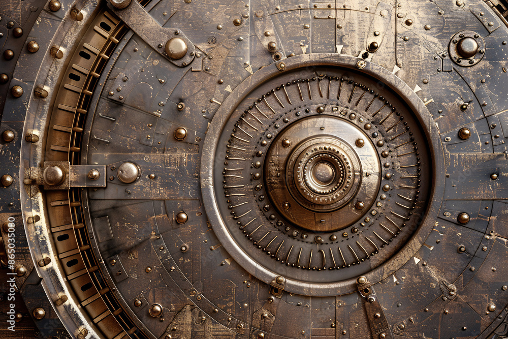 Fototapeta premium vintage bank vault door with complex mechanical details and a weathered metallic surface