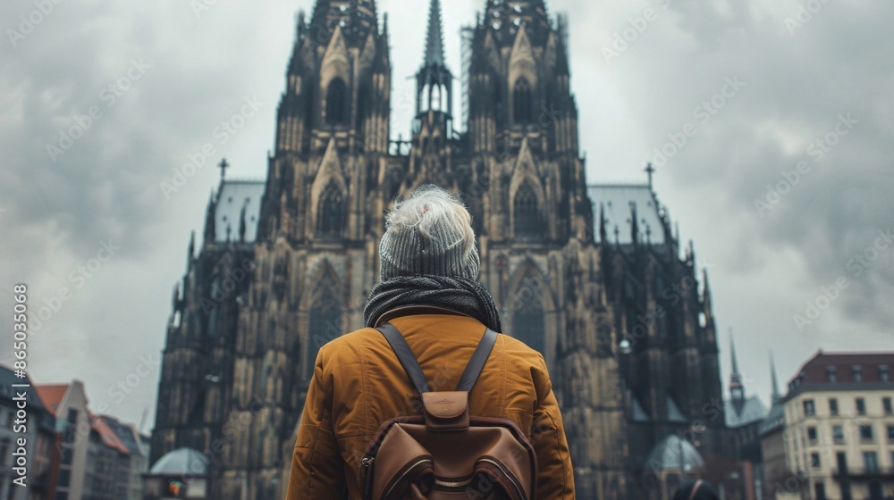 Naklejka premium Ultra-sharp photograph of a retired woman standing in awe before a grand cathedral, embracing her lifestyle of exploration and inspiration