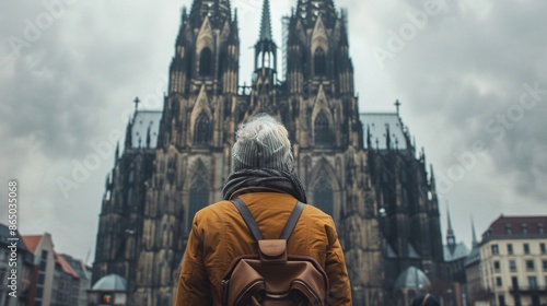 Ultra-sharp photograph of a retired woman standing in awe before a grand cathedral, embracing her lifestyle of exploration and inspiration