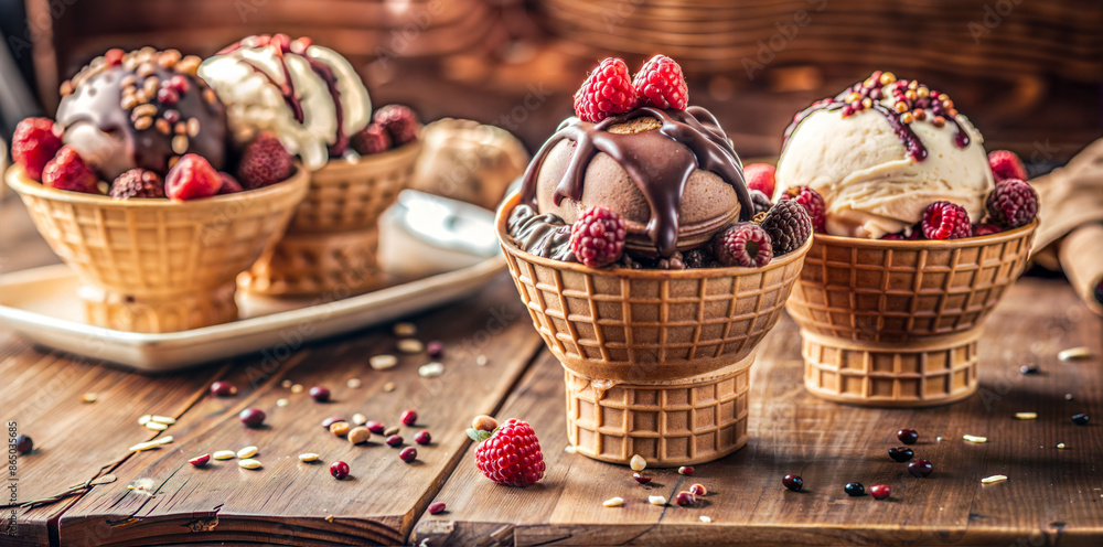 Variety of ice cream cones with toppings Variety of ice cream cones with toppings