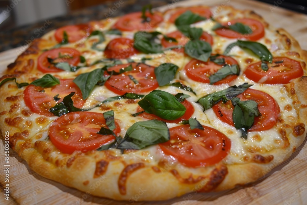 A traditional margherita pizza topped with fresh tomatoes and basil leaves on a wooden cutting board, A traditional margherita pizza with fresh tomatoes, basil, and mozzarella A traditional margherita pizza topped with fresh tomatoes and basil leaves on a wooden cutting board, A traditional margherita pizza with fresh tomatoes, basil, and mozzarella