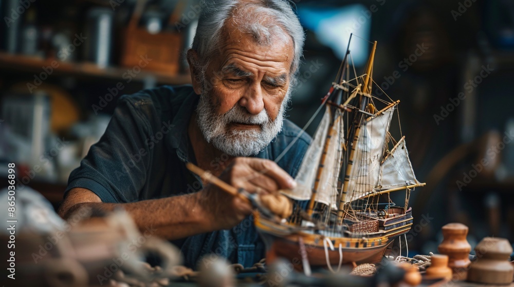 Detailed close-up of a retired man building a model ship as a hobby during a relaxing trip Detailed close-up of a retired man building a model ship as a hobby during a relaxing trip