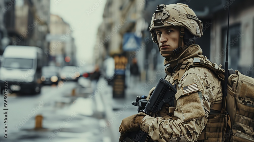 An armed American military man against the backdrop of the street of a modern metropolis. An armed American military man against the backdrop of the street of a modern metropolis.