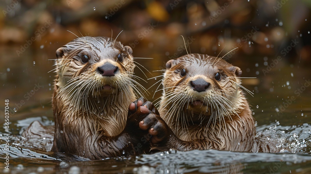 Two otters close together underwater. Two otters close together underwater.