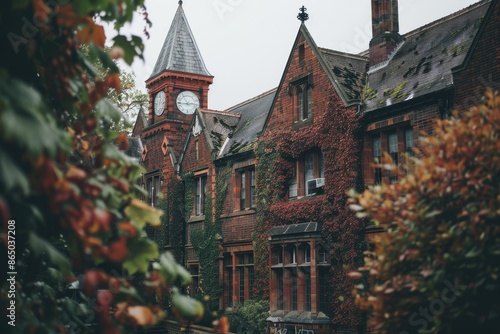 An old red brick building featuring a central clock tower, A traditional red brick school with a clock tower and ivy-covered walls
