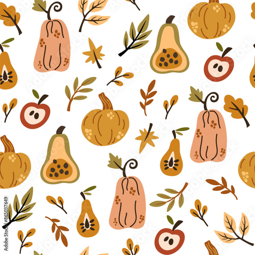 Autumn leaf pattern. Seamless fall background with abstract foliage, pumpkins, leaves. Endless floral botanical texture design, repeating print. Stylized flat vector illustration for textile, wallpape