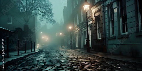 Victorian London scene gaslit streets fog cobblestones evoking a moody atmosphere. Concept Victorian London, Gaslit Streets, Foggy Atmosphere, Cobblestone Roads, Moody Scenes photo