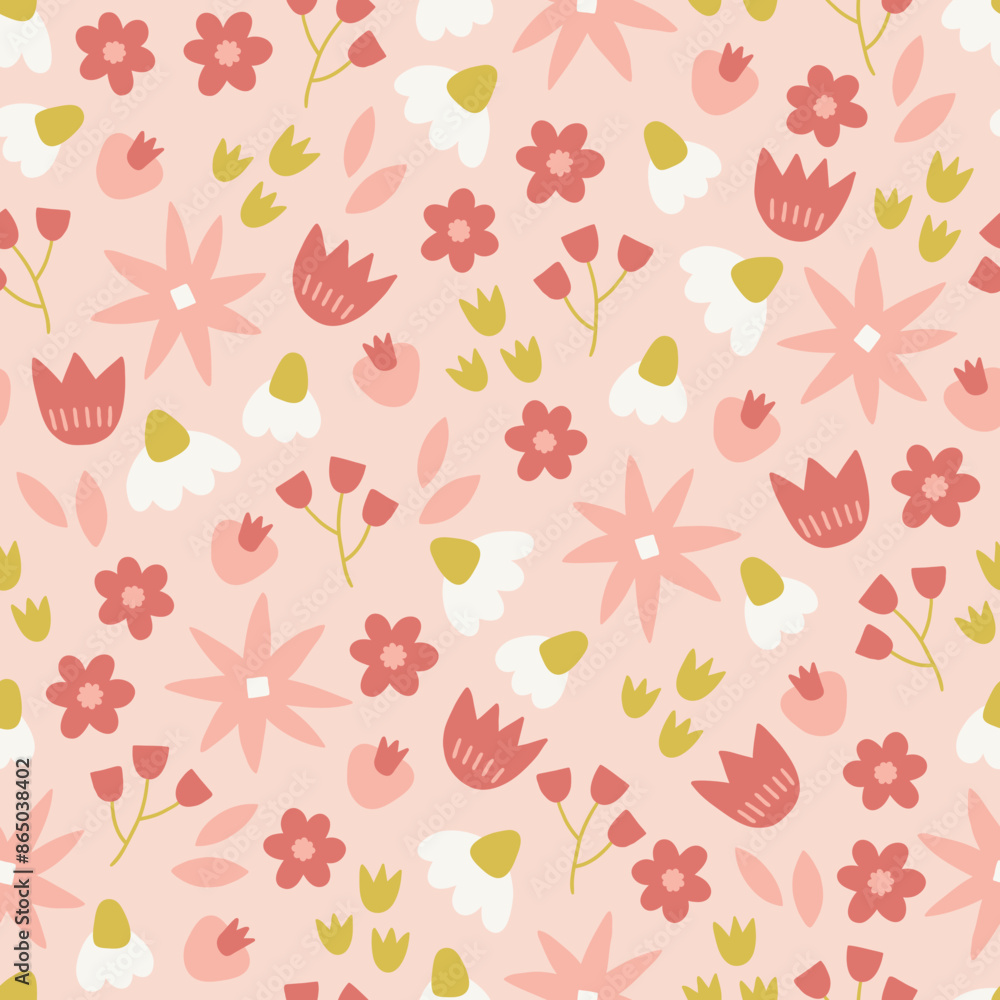 Obraz premium Retro seamless pattern with tulips, chamomile, leaves, cute flowers