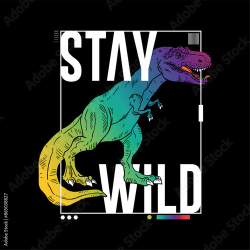 tee print design for kids fashion with wild dinosaur drawing as vector