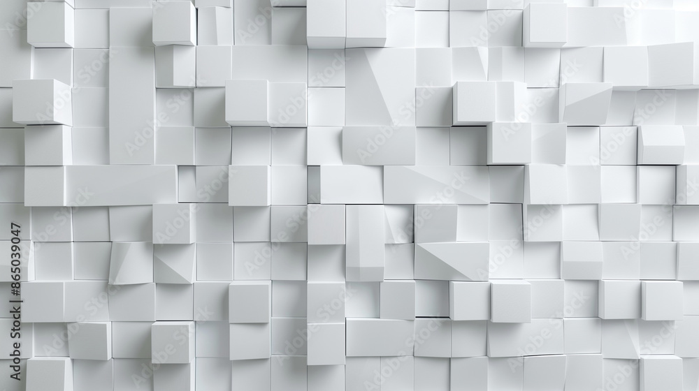 This image showcases abstract 3D white geometric patterns creating a complex wall of cubes and rectangular prisms, blending symmetry and randomness. This image showcases abstract 3D white geometric patterns creating a complex wall of cubes and rectangular prisms, blending symmetry and randomness.