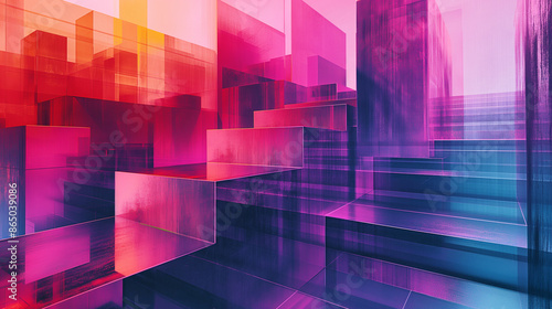 A vibrant abstract composition featuring a cityscape of translucent geometric shapes overlapping each other, rendered in vivid pink and purple hues.