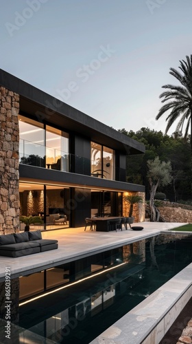 A large black house with a pool and a patio © Aliaksandr Siamko