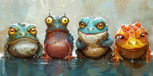 Four Cartoon Frogs in the Rain photo