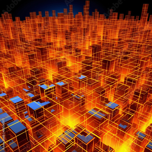 Wallpaper Mural Cityscape in Red and Orange Hues with Grid Structure Torontodigital.ca