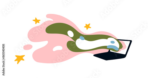 Creative abstract technology and digital art concept. Laptop computer and flowing innovation, creativity from screen. Virtual work, project. Flat vector illustration isolated on white background