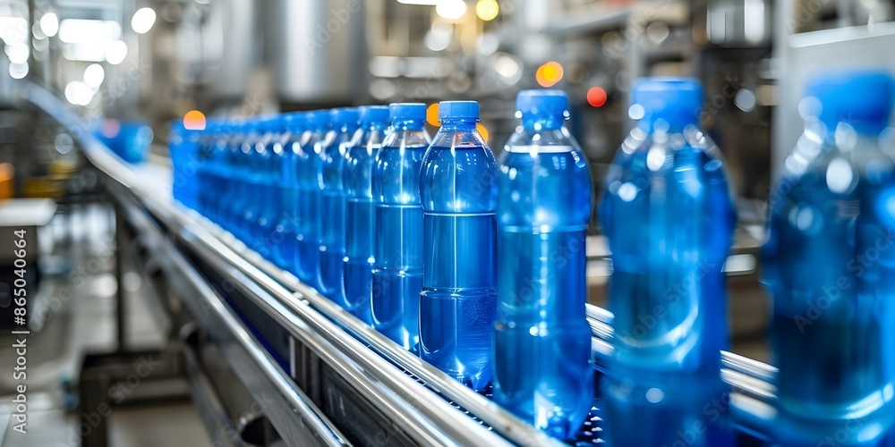 Inside a beverage factory with a blue conveyor belt carrying juice bottles. Concept Beverage Factory, Blue Conveyor Belt, Juice Bottles, Production Line, Manufacturing Process Inside a beverage factory with a blue conveyor belt carrying juice bottles. Concept Beverage Factory, Blue Conveyor Belt, Juice Bottles, Production Line, Manufacturing Process