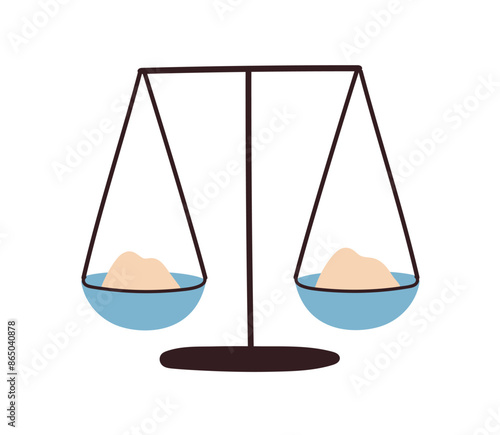 Scales for balance and weight comparison. Old device with two plates, pans, bowls for weighing and comparing. Justice, judgment, court concept. Flat vector illustration isolated on white background