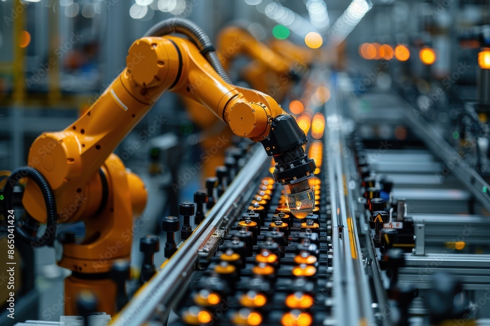 A robotic arm assembling a high-tech gadget on a production line, showcasing precision and speed in a modern factory setting. A robotic arm assembling a high-tech gadget on a production line, showcasing precision and speed in a modern factory setting.