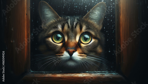 A tabby cat with big green eyes peeks out of a rainy window, creating an atmospheric scene with its intense gaze photo