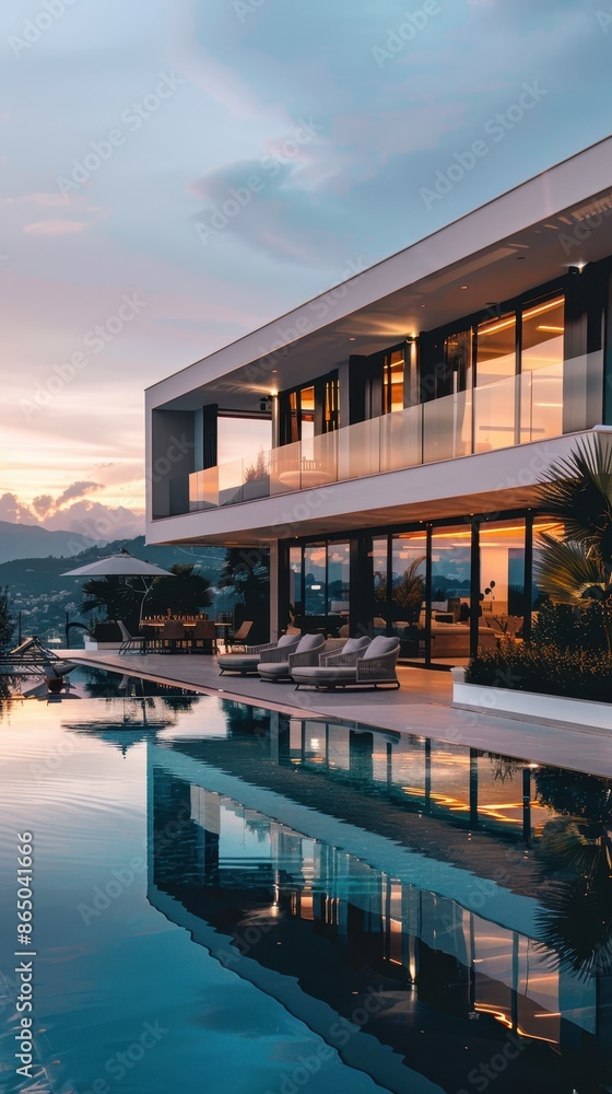 Fototapeta premium Modern villa with a pool and stunning mountain views at sunset