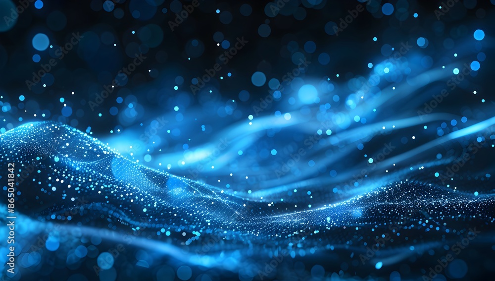 Abstract blue digital background with glowing dots and waves of particles on black space, AI technology concept Abstract blue digital background with glowing dots and waves of particles on black space, AI technology concept