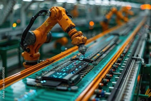 Wallpaper Mural A robotic arm assembling a high-tech gadget on a production line, showcasing precision and speed in a modern factory setting. Torontodigital.ca