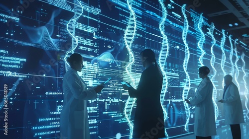 Scientists looking at DNA data displayed on a large digital screen.