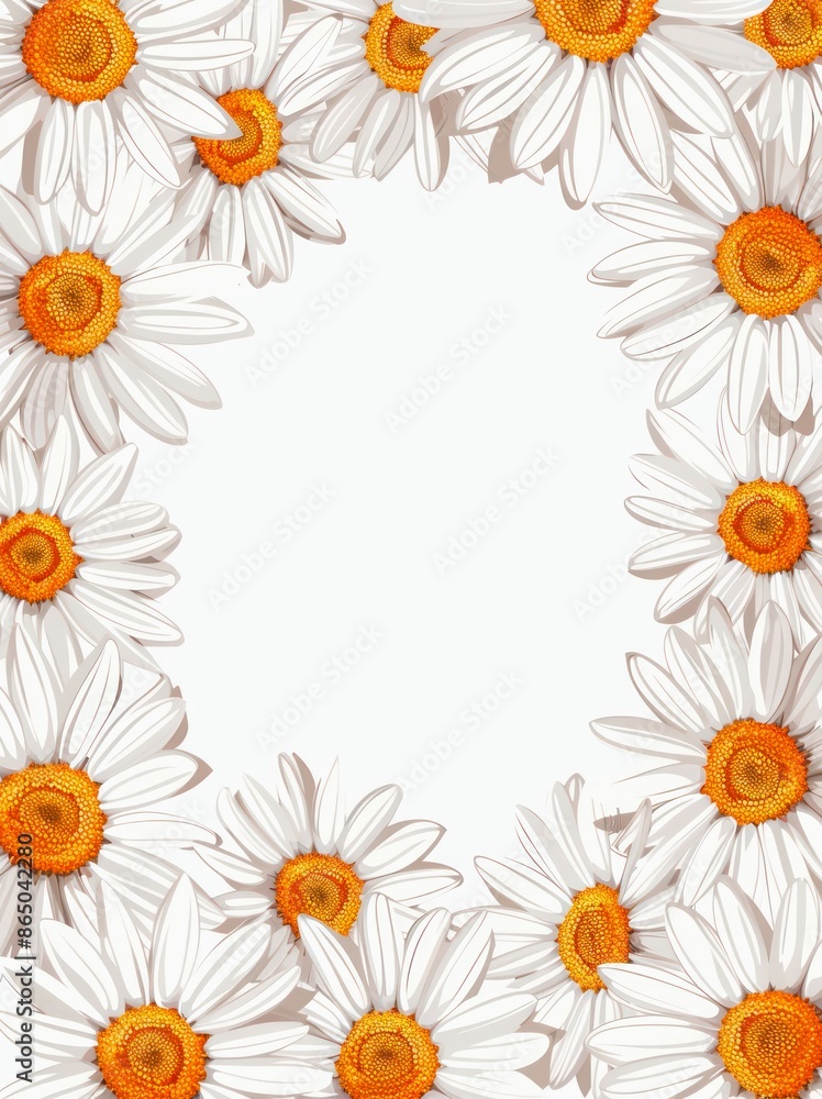 Floral frame of chamomiles on white background. Summer greeting design, beautiful flowers on white background with copy space. Floral frame of chamomiles on white background. Summer greeting design, beautiful flowers on white background with copy space.