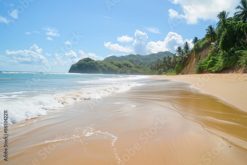 A sandy beach with gentle waves crashing onto the shore under a clear sky, A tranquil beach with golden sand and gentle waves