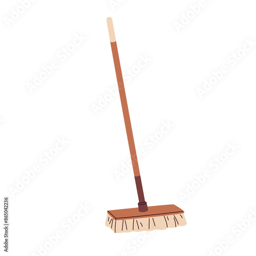 Floor brush, mop with long stick, handle. Cleanup household accessory. Housework clean supply, tool, equipment for sweeping, wiping, cleaning. Flat vector illustration isolated on white background