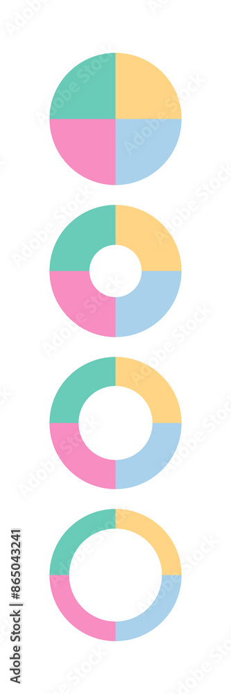 Fototapeta premium Circle loading template. 100 percent round pie chart. Circular progress bar with 4 slices. Schemes with sectors. Progress diagram structure. Piechart with segments. Vector illustration